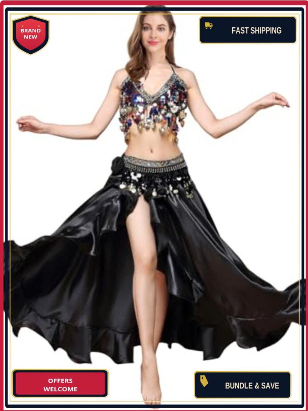 3-Piece Belly Dance Costume Set with Bra Top, Coin Belt & Chiffon Split Skirt
